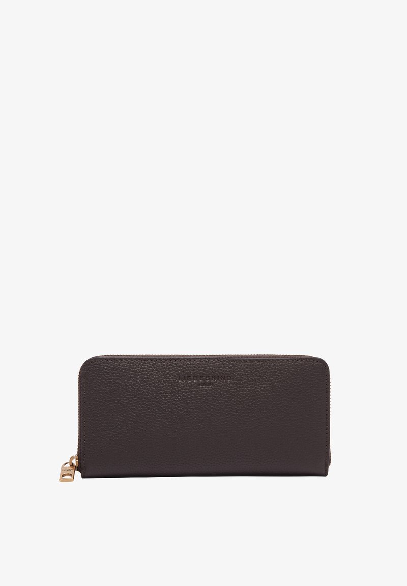 Portfel z ciemnobrązowej skóry o teksturowanej powierzchni. Posiada złoty zamek błyskawiczny i tłoczone logo. Prostokątny kształt z zamknięciem na zamek błyskawiczny wokół.