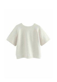 Short white knitted sweater with short sleeves and subtle speckled detailing.