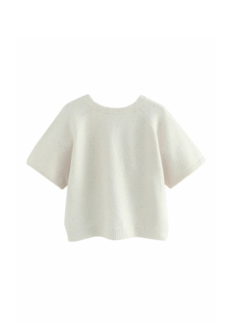 Short white knitted sweater with short sleeves and subtle speckled detailing.