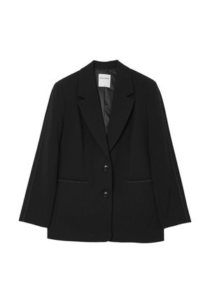 Black blazer with a tailored fit, two buttons, and contrasting white stitching along the shoulders and pockets. Smooth texture, minimal design.