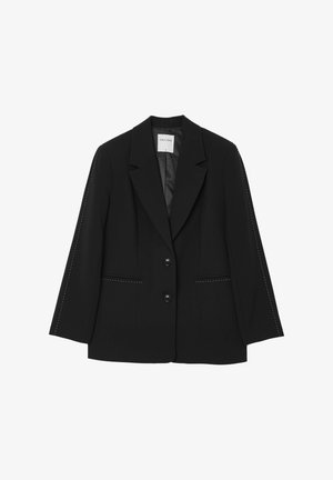 Black blazer with a tailored fit, two buttons, and contrasting white stitching along the shoulders and pockets. Smooth texture, minimal design.