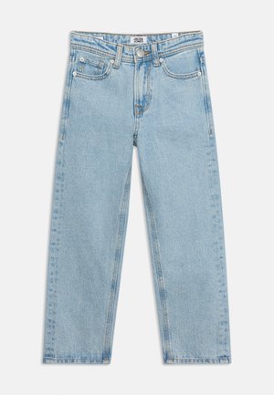 Light blue straight-leg denim jeans with five pockets, belt loops, and a metal button closure from Jack & Jones.