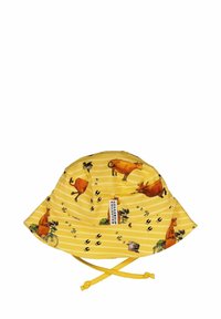 Keltainen ämpärilakki, jossa on raidallinen kuvio ja eläinkuvastoa. Sisältää leukahihnat ja tarran sivussa. Puuvillamateriaalia.