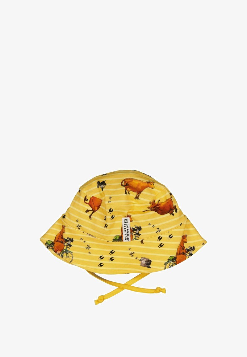 Keltainen ämpärilakki, jossa on raidallinen kuvio ja eläinkuvastoa. Sisältää leukahihnat ja tarran sivussa. Puuvillamateriaalia.