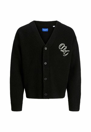 Black cardigan with a v-neck, six buttons, ribbed cuffs and hem. Features an embroidered logo in white on the left side. Soft texture.