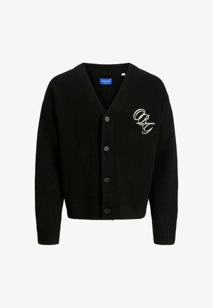 Black cardigan with a v-neck, six buttons, ribbed cuffs and hem. Features an embroidered logo in white on the left side. Soft texture.