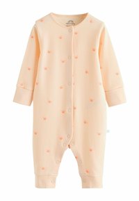 Body pour bébé en côte pêche avec manches longues, boutons-pression à l'avant et sur les jambes, décoré de petits visages d'ours orange.