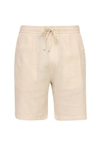 Shorts en lin beige avec taille élastique et cordon de serrage à l'avant, dotés de poches latérales et d'une coupe décontractée.