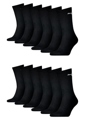Schwarzes Baumwollsocken-Set, mit geripptem Muster, knöchellangem Design und kleinem weißen Logo. Das Paket enthält 12 Paar, angeordnet in zwei Reihen.