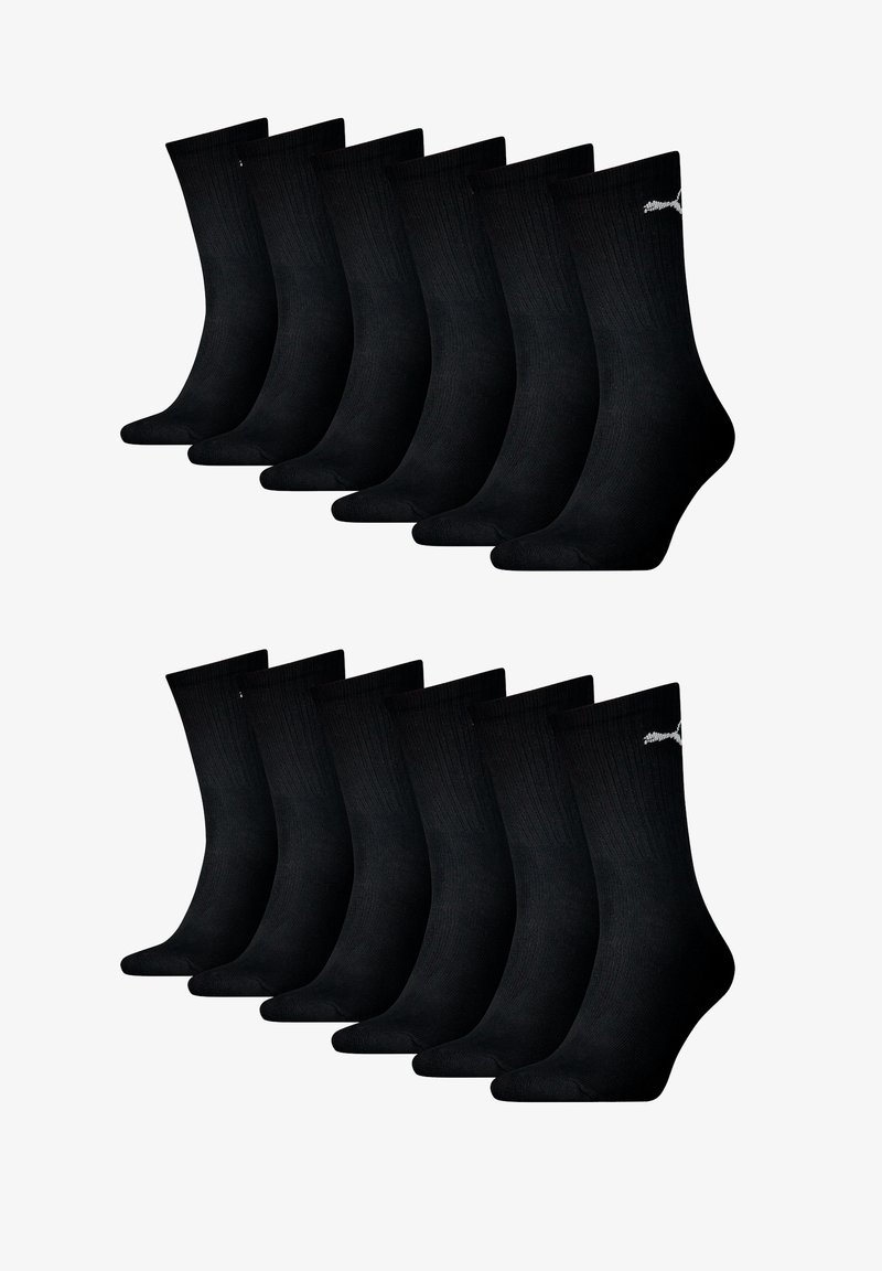 Schwarzes Baumwollsocken-Set, mit geripptem Muster, knöchellangem Design und kleinem weißen Logo. Das Paket enthält 12 Paar, angeordnet in zwei Reihen.