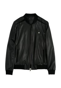 Schwarze Lederbomberjacke mit glatter Textur, Reißverschluss, gerippten Bündchen und Saum. Sie verfügt über zwei seitliche Taschen und ein kleines Emblem auf der Brust.
