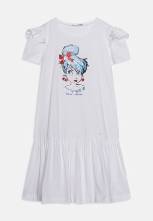 Robe en coton blanche avec des manches courtes bouffantes, arborant un visage illustré coloré et des accents en strass, avec un ourlet évasé et volanté.