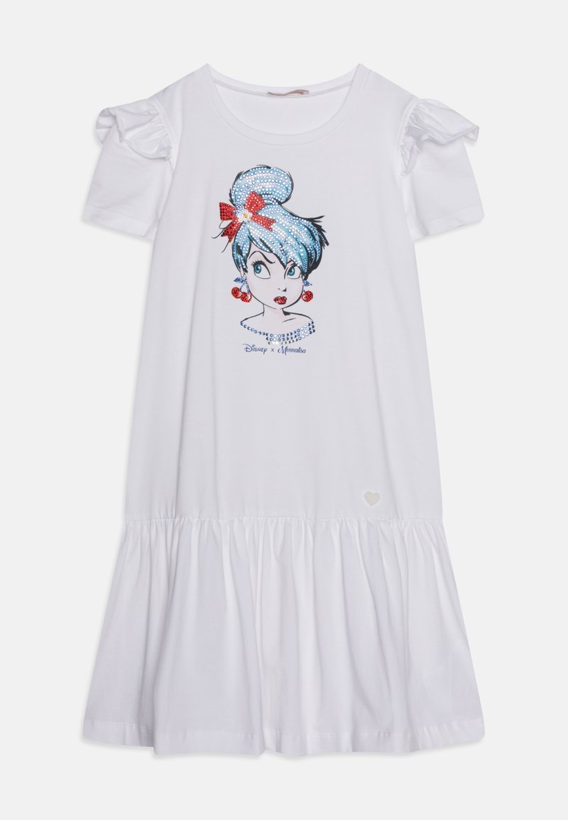 Robe en coton blanche avec des manches courtes bouffantes, arborant un visage illustré coloré et des accents en strass, avec un ourlet évasé et volanté.