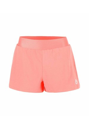 Koraalroze sportshorts met brede elastische tailleband en klein wit rond logo op het linkerbeen tegen een witte achtergrond.