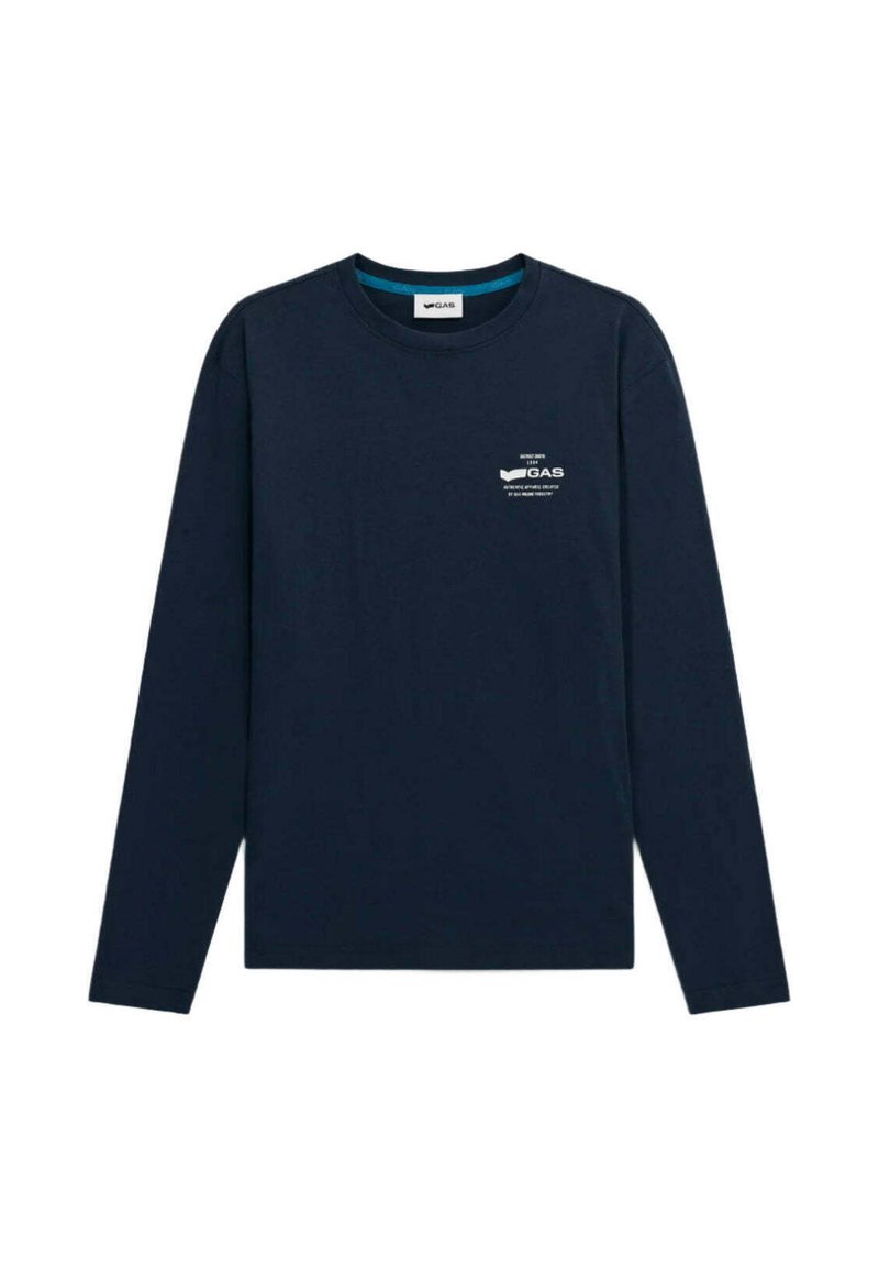 T-shirt a maniche lunghe di colore navy realizzato in cotone. Presenta un colletto a girocollo e un piccolo logo stampato sul lato sinistro del petto. Texture liscia, design casual.