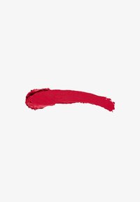 Red lipstick swatch with a creamy texture and glossy finish, featuring a vibrant, rich color applied in a curved, elongated shape.