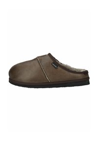 Chausson en cuir marron à enfiler avec doublure en polaire douce et semelle noire, étiqueté "Shepherd" sur le côté.