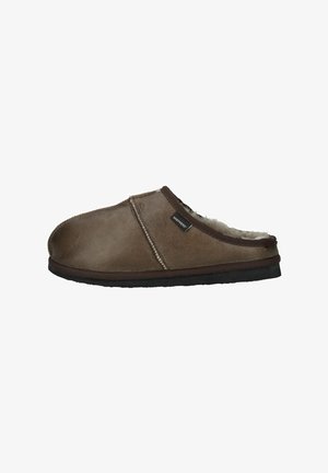 Brown leather slip-on slipper with soft fleece lining and black sole, labeled "Shepherd" on the side.