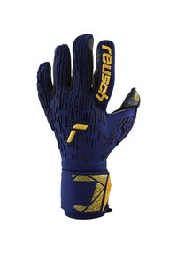 Blue goalkeeper glove with textured grip surface, yellow accents, and a snug wrist cuff. Features include finger protection and a durable design.