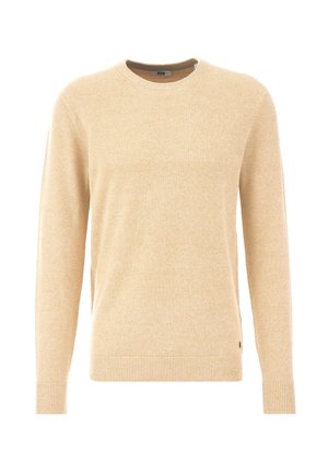 Suéter amarillo claro con cuello redondo y mangas largas, que presenta un patrón de punto texturizado y puños y dobladillo acanalados.