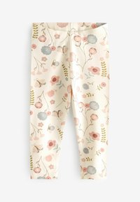 Leggings aus cremefarbenem Stoff mit einem bunten Blumenmuster in Pink-, Blau- und Grüntönen. Weiche Textur, elastischer Bund.