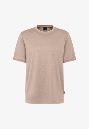 T-shirt in cotone beige con collo a girocollo a coste, maniche corte e orlo dritto. Presenta un'etichetta del marchio sul lato sinistro.