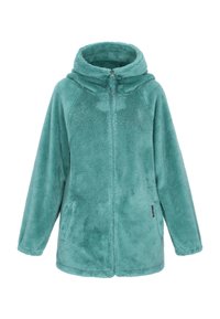 Sudadera con capucha de felpa en color azul verdoso, con cremallera en la parte delantera, capucha grande y bolsillos laterales. Textura suave con un ajuste holgado y sin patrones ni detalles visibles.