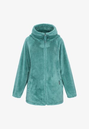 Turkooizenblauwe zachte hoodie met een rits aan de voorkant, grote capuchon en zijzakken. Zachte textuur met een ontspannen pasvorm en zonder zichtbare patronen of accenten.