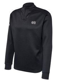 Schwarzer Quarter-Zip-Pullover aus glattem Stoff. Mit langen Ärmeln, einem erhöhten Kragen und einem weißen Logo auf der Brust und dem Ärmel.