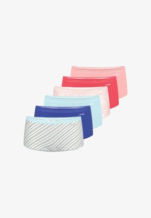 Sechs Paar Damenunterwäsche in verschiedenen Farben: Rot, Pink, Hellblau und Dunkelblau, mit wellenförmigen Spitzenbund und unterschiedlichen Mustern.