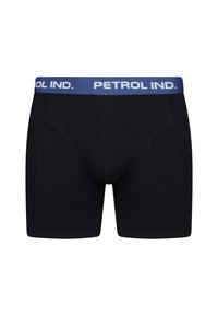 Boxer in cotone nero con elastico blu contrassegnato "PETROL IND." Texture liscia, design aderente e dettagli di cucitura a contrasto.