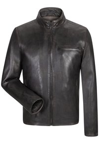 Schwarze Lederjacke mit hohem Kragen, Frontreißverschluss und einer Brusttasche. Glatte Textur mit einem dezenten Glanz, taillierte Passform.