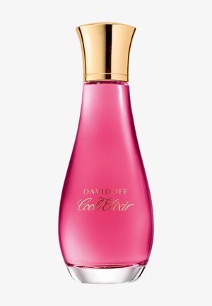 Flacon de parfum rose en forme de goutte avec un bouchon doré étiqueté "Davidoff Cool Elixir" sur fond blanc.