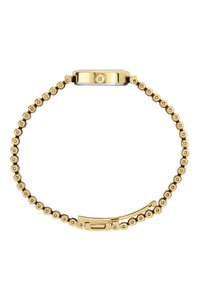 Guld cirkulært ur med en glat bezel, der har et unikt perlearmbånd og en knaplås for sikker bæring.