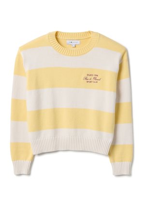Suéter de punto a rayas amarillas y blancas con puños, dobladillo y cuello redondo acanalados, y texto bordado en rojo en el pecho que dice "PARÍS 1996 Rue de Rivoli SPORT CLUB".