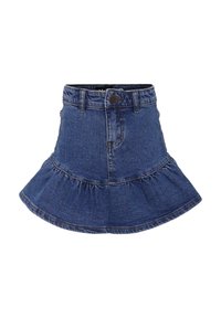 Gonna di jeans a campana con orlo arricciato, colore blu scuro, vita alta e cinturino con chiusura a bottone frontale. Semplici dettagli di cucitura.