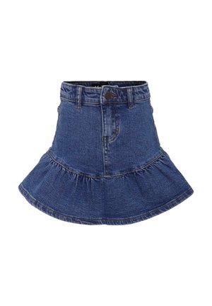 Denim tulpenrok met een gerimpelde zoom, donkerblauwe kleur, hoge taille, en een tailleband met een sluiting met een knop aan de voorkant. Eenvoudige stiksels als accenten.