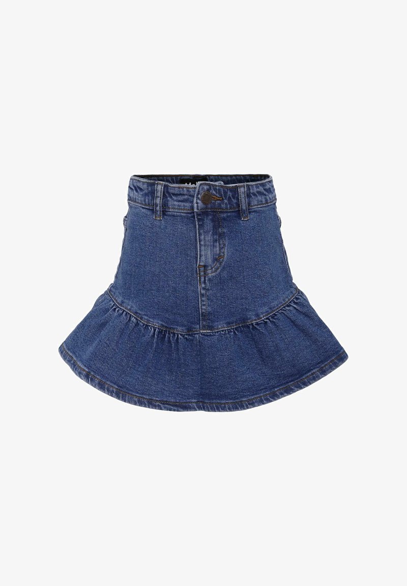 Denim tulpenrok met een gerimpelde zoom, donkerblauwe kleur, hoge taille, en een tailleband met een sluiting met een knop aan de voorkant. Eenvoudige stiksels als accenten.