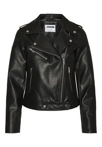 Czarna motocyklowa kurtka z czarnej ekoskóry z srebrnymi suwakami, zatrzaskami, naramiennikami i szerokim kołnierzem z klapami.