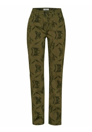 Olivgrüne Hose mit einem Blatt- und Blumenmuster, fitted Design, fünf Taschen sowie standardmäßiger Knopf- und Reißverschluss.