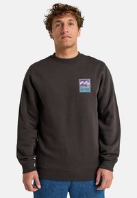 Sudadera marrón oscuro con cuello redondo, puños de canalé y un parche gráfico cosido con diseños de olas coloridos en la zona izquierda del pecho.