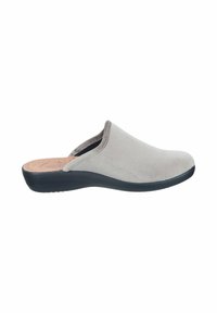 Gray suede slip-on shoe with a cushioned insole, rounded toe, and a rubber sole. Smooth texture and minimal design.