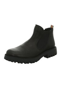 Botín Chelsea de cuero negro con paneles laterales elásticos, punta redonda, superficie texturizada y suela de goma negra resistente. Destacado con un lazo en el talón a rayas.