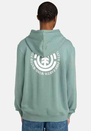 Mint green hoodie with a large white circular graphic on the back. Features a drawstring hood and ribbed cuffs and hem.