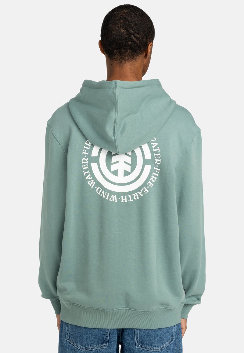 Mint green hoodie with a large white circular graphic on the back. Features a drawstring hood and ribbed cuffs and hem.