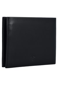 Portafoglio in pelle nera con una texture liscia, design bi-fold e logo di una palma in rilievo sulla parte anteriore. Stile pulito e minimalista.