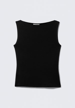 Black sleeveless top with a rounded neckline, made from a smooth, stretchy fabric. Features a fitted silhouette and clean, simple design.