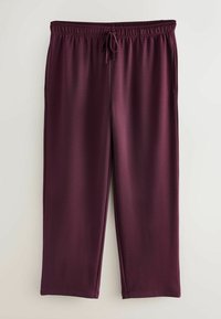 Bordowe spodnie sportowe wykonane z teksturowanej tkaniny, z elastycznym pasem i sznurkiem do regulacji, bocznymi kieszeniami oraz prostymi nogawkami.