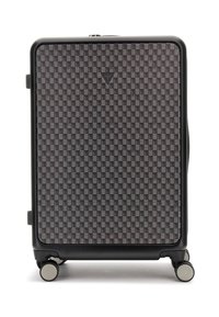 Valise rigide avec un motif en damier dans des tons de gris foncé et noir, équipée d'une poignée robuste et de quatre roues pivotantes pour une meilleure mobilité.