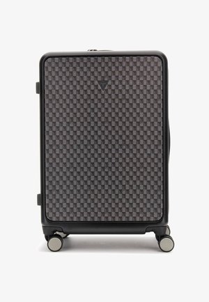 Valise rigide avec un motif en damier dans des tons de gris foncé et noir, équipée d'une poignée robuste et de quatre roues pivotantes pour une meilleure mobilité.